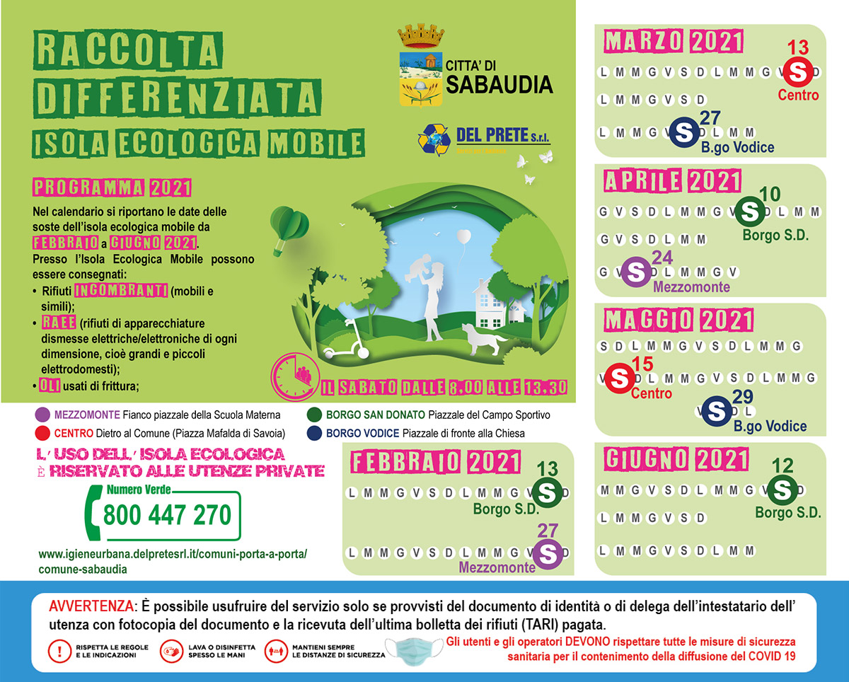 CALENDARIO ISOLA ECOLOGICA MOBILE FEB MAR APR MAG GIU 2021 SABAUDIA Avvertenze